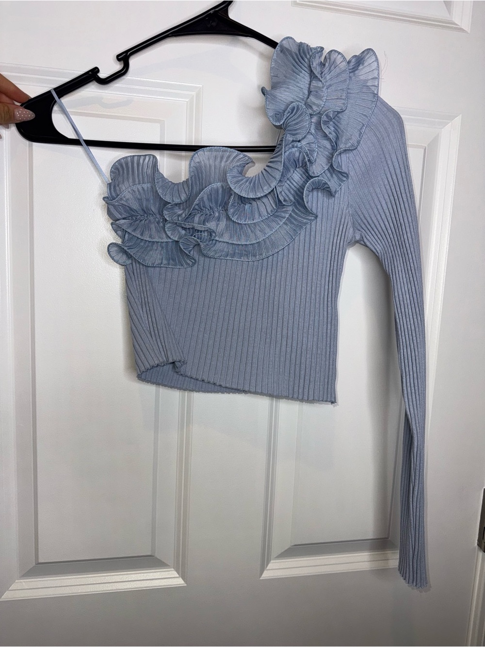 Zara Asymmetrical One-Shoulder Ruffle Ribbed Crop Top - Light Blue - Picture 2 of 5
